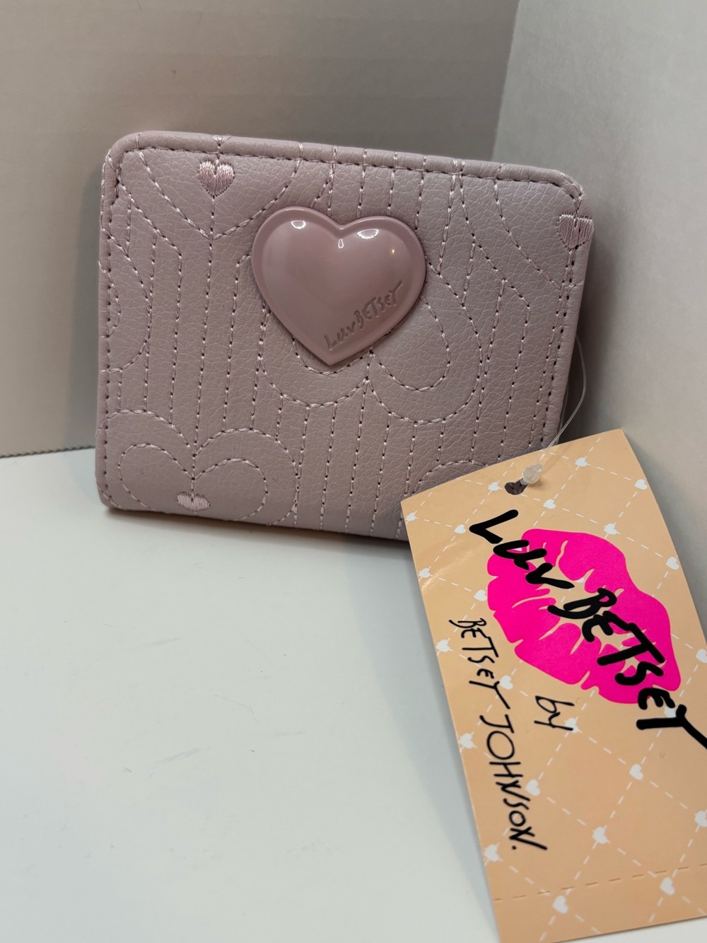 Luv Betsey Johnson light Pink Hearts Quilted mini snap/zip Wallet
